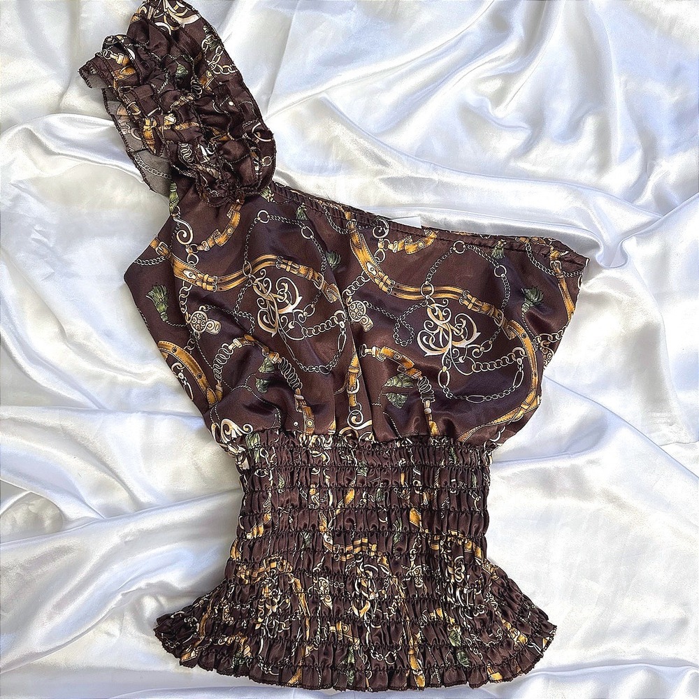 Gold Flava One Shoulder Smocked Blouse Brown Chain Belt Print Top XL